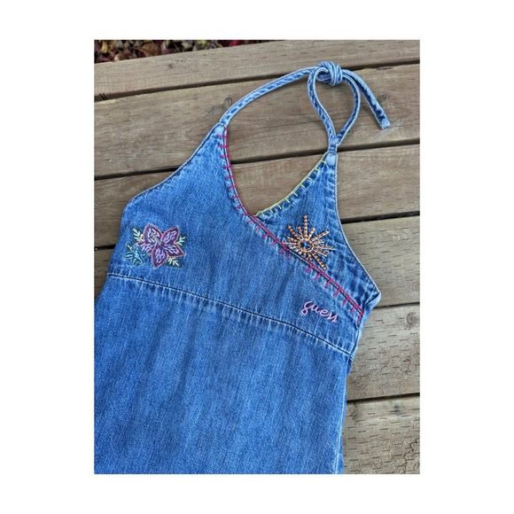 Vtg 90s Guess Jeans Denim Halter Dress Palm Tree Embroidery Pink Contrast Stitch - Picture 4 of 9
